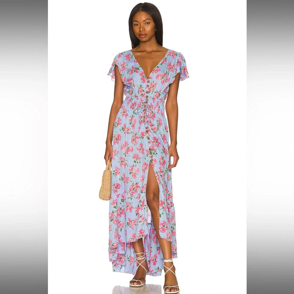 Tiare Hawaii New Moon Maxi Dress | Hibiscus Bouquet Baby Blue - Picture 2 of 14